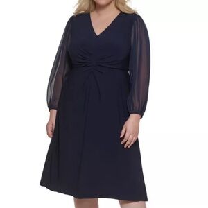 Jessica Howard Blue A-Line Dress with V-Neck and Bishop Sleeves